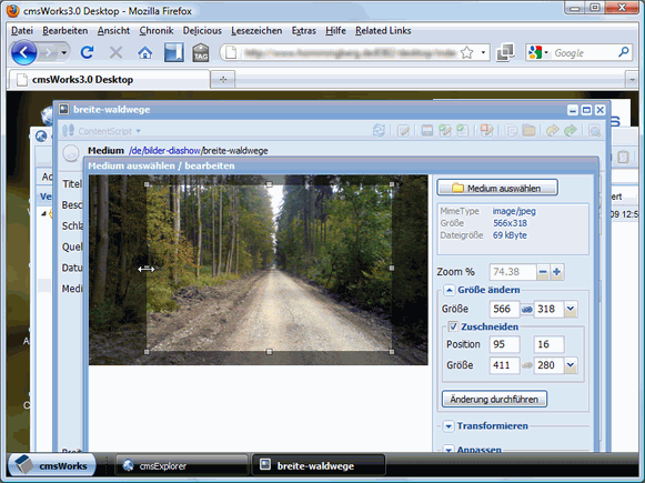 Dann wird das Bild ausgewählt und hochgeladen. Mit dem eingebauten Image-Tool kann man alle typischen Bildbearbeitungsschritte gleich im Browser vornehmen.