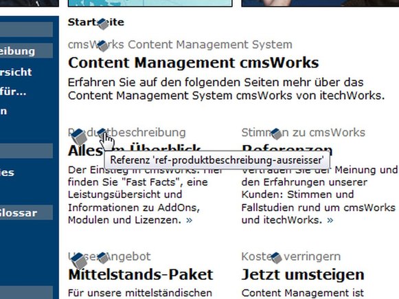 Die Vorschau bietet die praktische 1-Klick-Edit Funktion. Mit einem Short-Key werden die Content-Cubes sichtbar. Mit einem Klick auf einen Cube ...