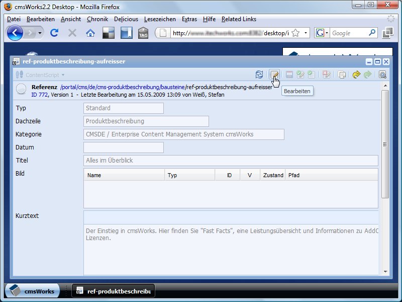 ... öffnet sich das Content Element im Desktop. Ohne langes Suchen können Änderungen unmittelbar vorgenommen werden.
