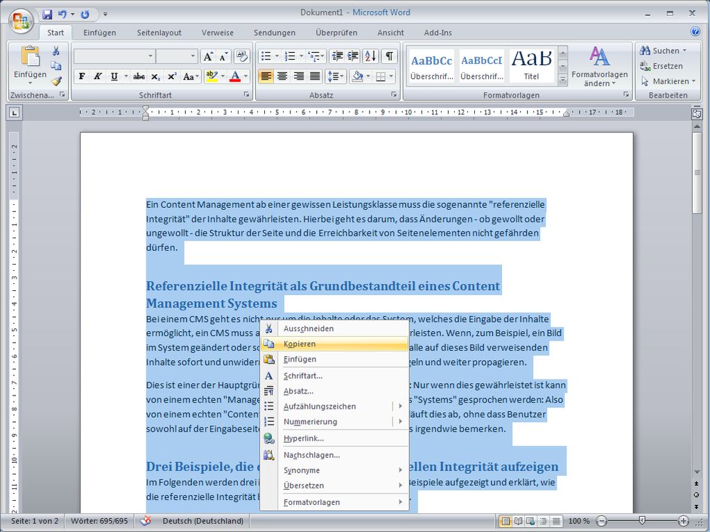 Texte, die bereits in Word vorhanden sind, können einfach nach cmsWorks übernommen werden. Dazu in Word markieren, kopieren und ...