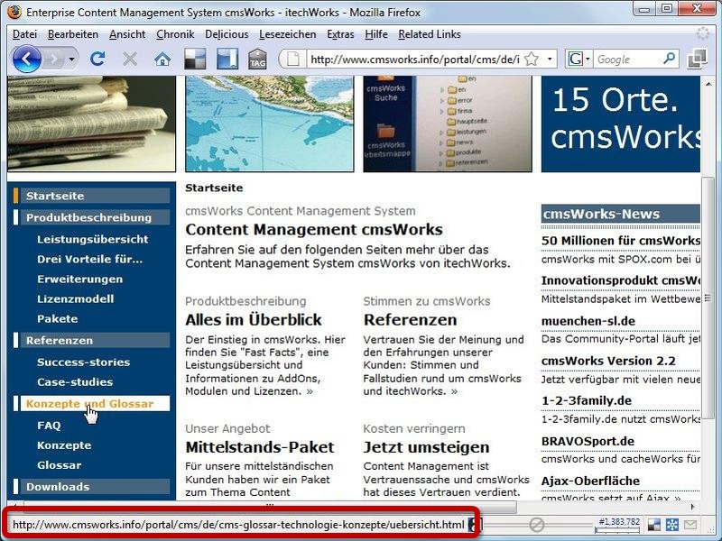 ... cmsWorks will automatically update the internal link in the navigation document. I.e. the menu item always points to the right target.