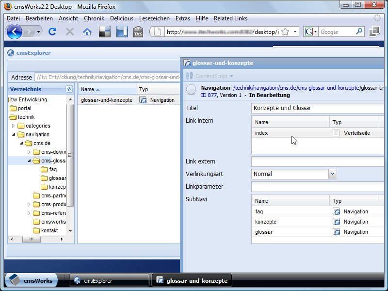 The navigation structure is independent of the content structure. The navigation is built by navigation documents pointing to other navigation documents (sub-navi) finally pointing to the target document (an internal document in this example).